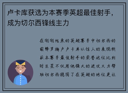 卢卡库获选为本赛季英超最佳射手，成为切尔西锋线主力